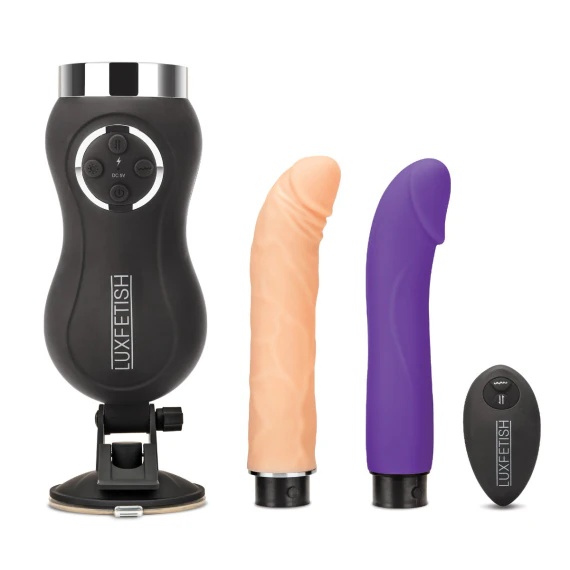 Lux Fetish USB Rechargeable Thrusting Compact Sex Machine with Remote Control and Two Dildos