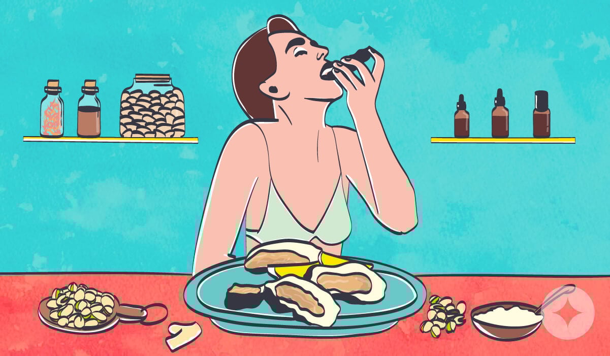 A girl having an oyster feast. Oysters are the most well-known aphrodisiac food.